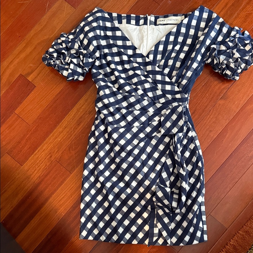 Fame And Partners Blue and White Checkered Mini Dress Hidden Zip Back Size 2